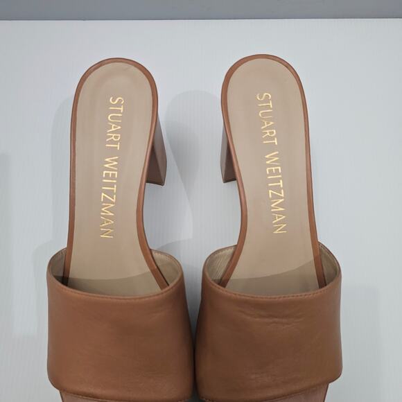 Stuart Weizman Squarehigh 95 Platform Sandal 10 Tan Leather Square Toe Heel - Picture 8 of 13